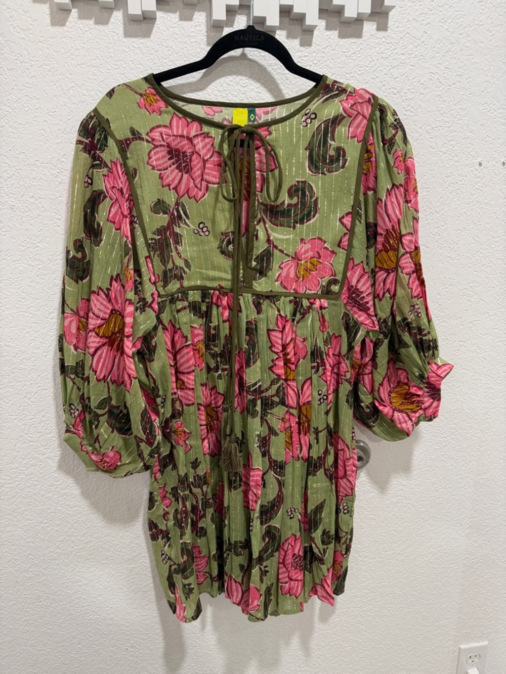 FARM Rio Olive Green Tunic Dress with Pink Floral Print